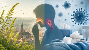 Comparație ilustrată între simptomele alergiei la ambrozie și cele ale unei răceli