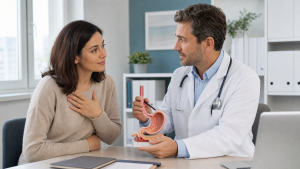 Pacient care discută cu medicul gastroenterolog despre arsuri și reflux