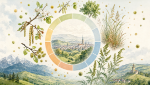 Calendar sezonier ilustrat cu arbori, graminee și ambrozie, principalele surse de polen din România