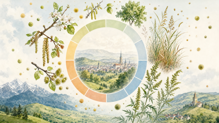 Calendar sezonier ilustrat cu arbori, graminee și ambrozie, principalele surse de polen din România