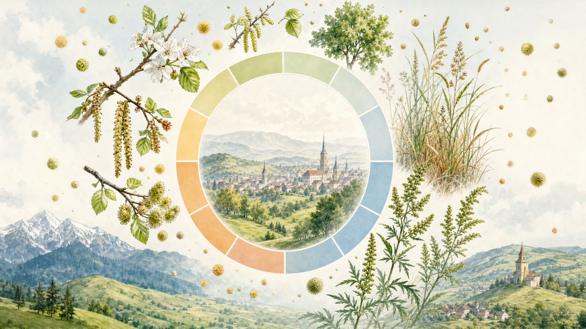 Calendar sezonier ilustrat cu arbori, graminee și ambrozie, principalele surse de polen din România